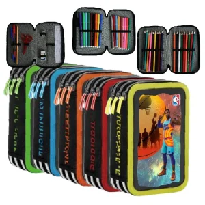 Basketball Trousse scolaire complet à trois zip Porte-crayons 3 fermetures éclair 18 feutres 18 crayons de couleur