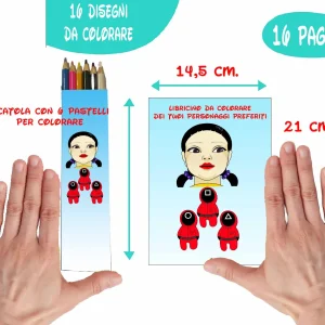 Squid and friends.Scatole da 6 Matite Colorate e libro da colorare con 16 immagini da colorare Kit da 1,3,5,oppure 10 confezioni