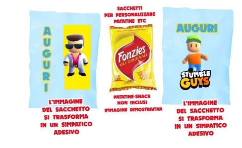 Stumble Guys and friends sacchetti per patatine snack personalizzate con stickers