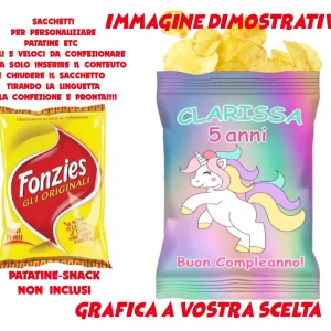 Unicorno and friends sacchetti per patatine snack personalizzate