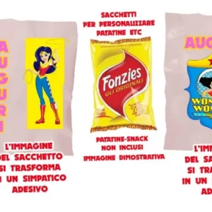 Wonder woman and friends sacchetti per patatine snack personalizzate con stickers