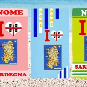 Telo Mare Sardegna in Microfibra grafica Personalizzata con Nome Morbido e Compatto dall’ Asciugatura Rapida (90x170cm)