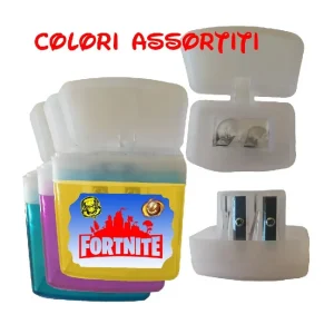 Fortnite and friends Temperamatite doppio foro  con raccoglitore regalino fine festa gadget